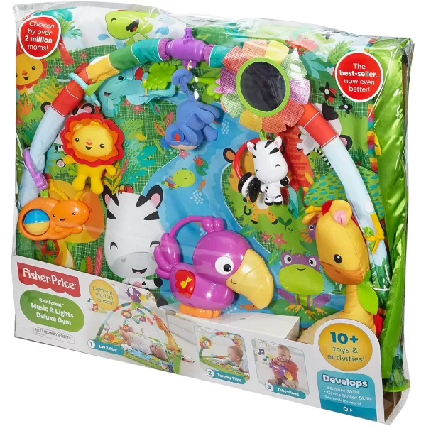 FisherPrice Baby Playmat Rainforest Music ampamp Lights Deluxe Gym with 10 Activities ampamp Toys for Developmental Play Newborns Ages 0 MonthsStandard Packaging