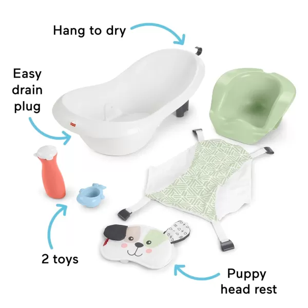 FisherPrice Baby to Toddler Bath 4in1 Sling n Seat Tub with Removable Infant Support and 2 Toys Climbing LeavesExclusive Puppy Headrest