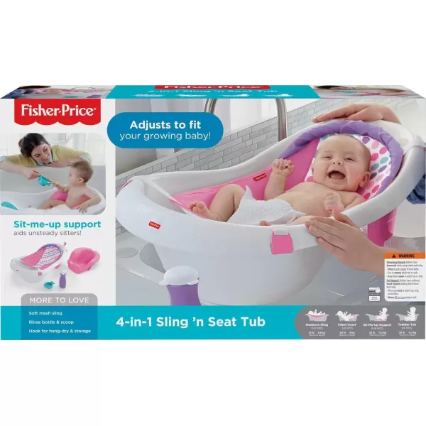 FisherPrice Baby to Toddler Bath 4in1 Sling n Seat Tub with Removable Infant Support and 2 Toys Climbing LeavesPink