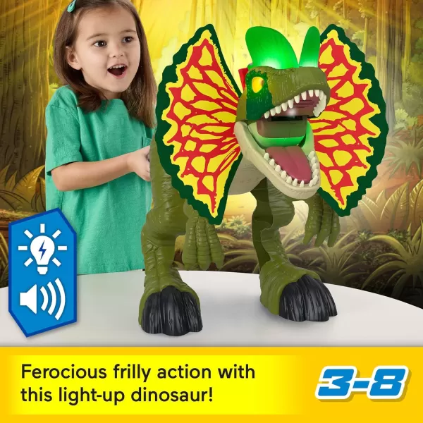 FisherPrice Imaginext Jurassic World Dinosaur Toy Thrash Attack Dilophosaurus 16 Inch with Lights ampamp Sounds for Pretend Play Kids Ages 3 Years