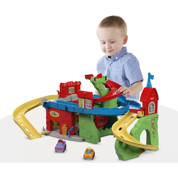 FisherPrice Little People Toddler Toy Sit n Stand Skyway Race Track Playset 34 Inches Tall 2 Cars for Pretend Play Kids Ages 18 MonthsSimplified Packaging
