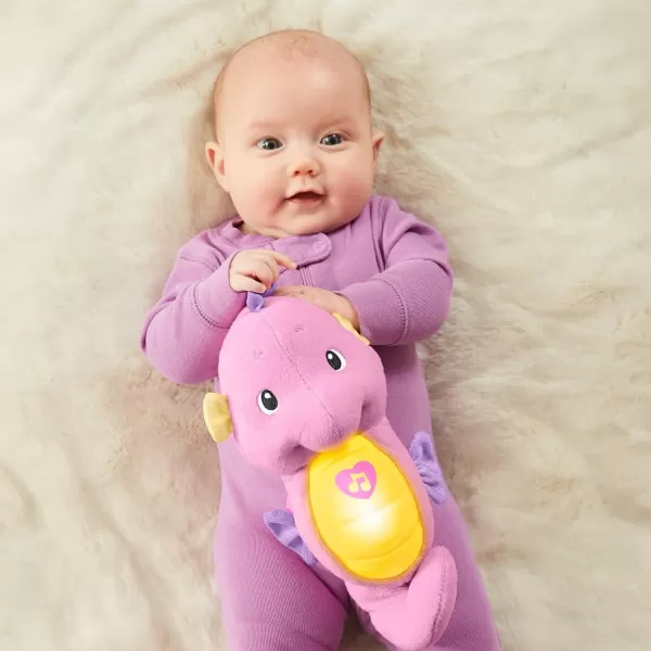 FisherPrice Musical Baby Toy Soothe ampamp Glow Seahorse Plush Sound Machine with Lights ampamp Volume Control for Newborns BluePink EasytoOpen Packaging