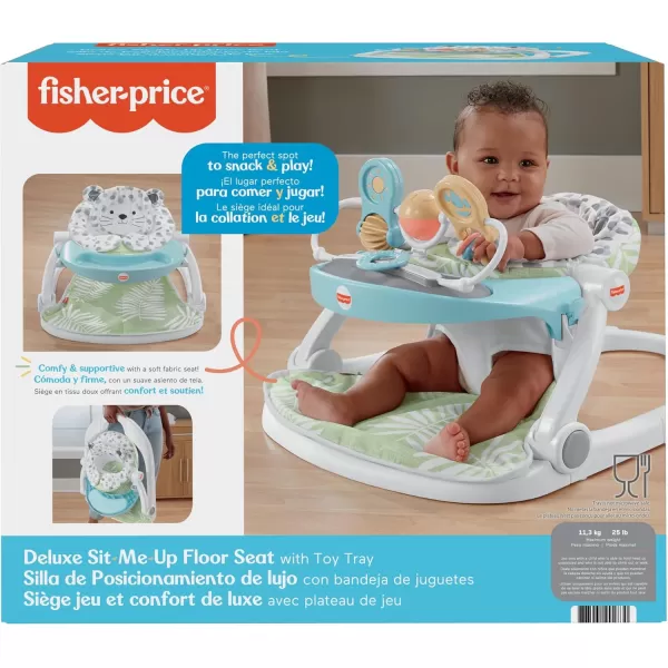FisherPrice Portable Baby Chair Deluxe SitMeUp Floor Seat with Feeding Tray ampamp Activity Toy Bar Snow LeopardBaby Seat