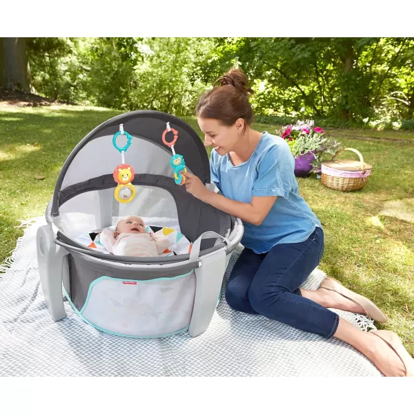 FisherPrice Portable Bassinet OnTheGo Baby Dome Travel Play Space with Developmental Newborn Toys ampamp Canopy Windmill