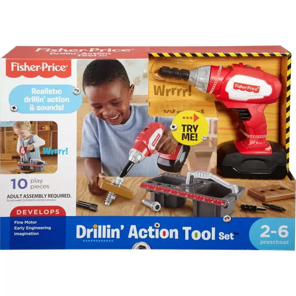 FisherPrice Preschool Toy Drillin Action Tool Set with Sounds 10 Pieces for Construction Pretend Play for Kids Ages 3 Years