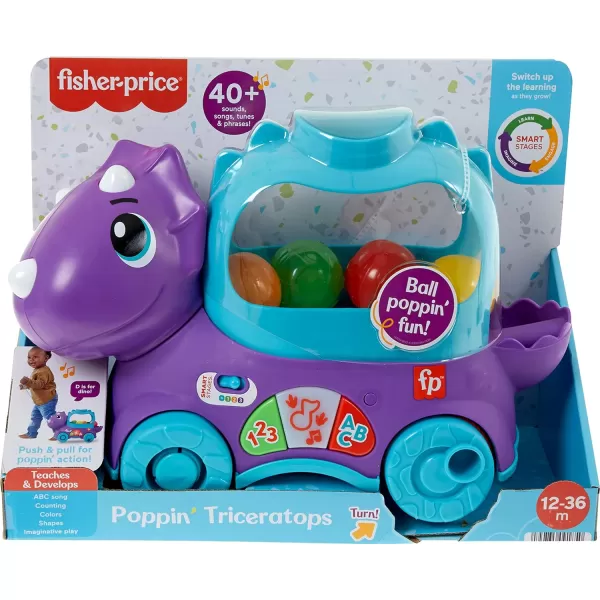 FisherPrice Toddler Learning Toy Poppin Triceratops Dinosaur PullAlong Ball Popper with Smart Stages for Ages 1 Years