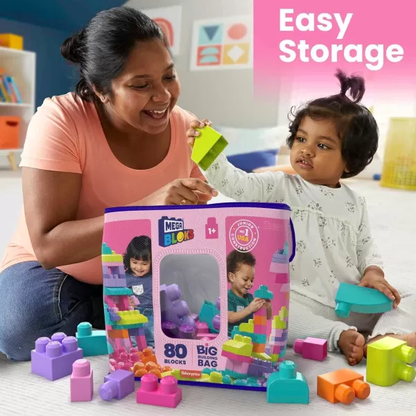 MEGA BLOKS First Builders Toddler Blocks Toys Set Big Building Bag with 80 Pieces and Storage Pink Ages 1 YearsPink Bag