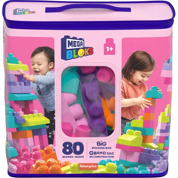 MEGA BLOKS First Builders Toddler Blocks Toys Set Big Building Bag with 80 Pieces and Storage Pink Ages 1 YearsPink Bag