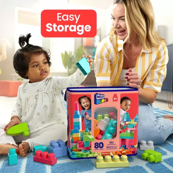 MEGA BLOKS First Builders Toddler Blocks Toys Set Big Building Bag with 80 Pieces and Storage Red Ages 1 Years