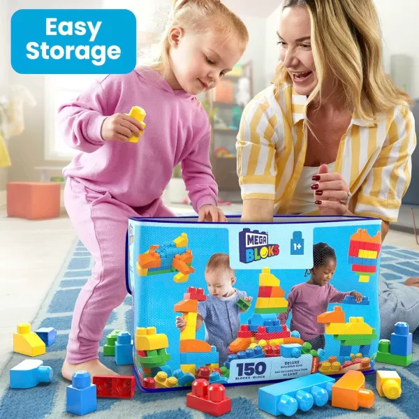 MEGA BLOKS First Builders Toddler Blocks Toys Set Deluxe Building Bag with 150 Pieces and Storage Blue Ages 1 Years
