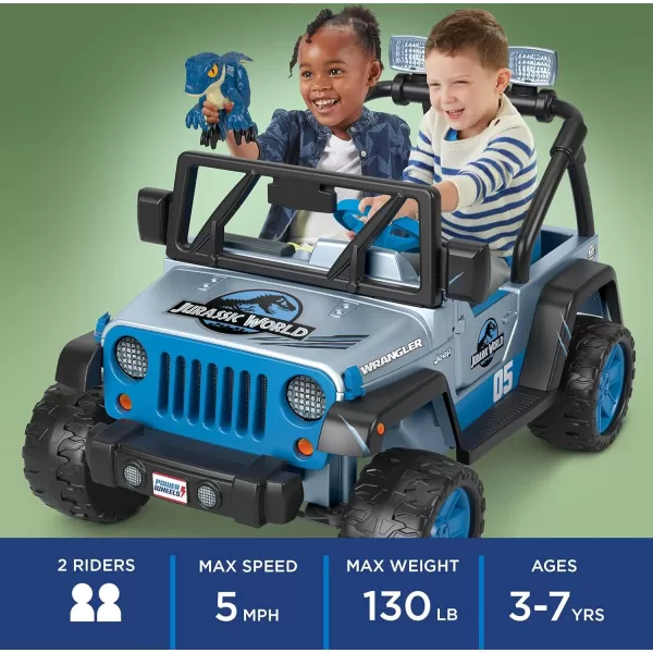 Power Wheels Jurassic World Dino Damage Jeep Wrangler RideOn Toy with Lights Sounds and Dinosaur Toy MultiTerrain Traction Preschool Toy Seats 2Jurassic World Jeep