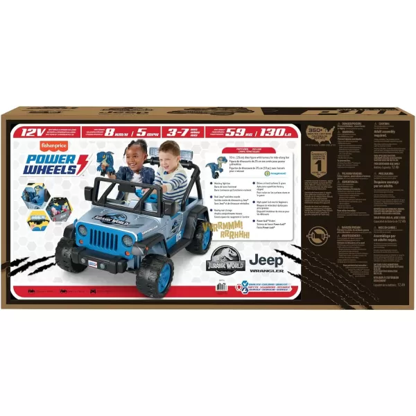 Power Wheels Jurassic World Dino Damage Jeep Wrangler RideOn Toy with Lights Sounds and Dinosaur Toy MultiTerrain Traction Preschool Toy Seats 2Jurassic World Jeep