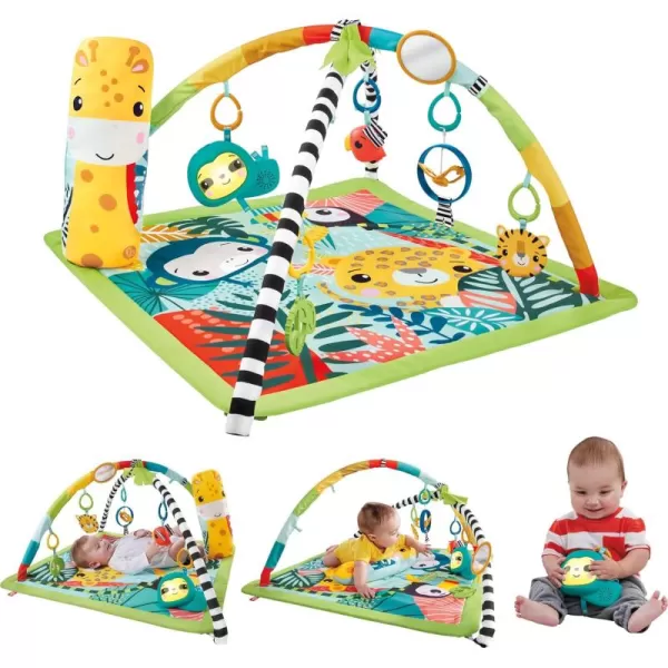 FisherPrice Baby Playmat 3in1 Rainforest Sensory Gym with Music ampamp Lights Tummy Wedge ampamp 5 Developmental Toys for Newborns 0 Months