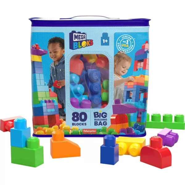 MEGA BLOKS First Builders Toddler Blocks Toys Set Big Building Bag with 80 Pieces and Storage Pink Ages 1 YearsBlue Bag