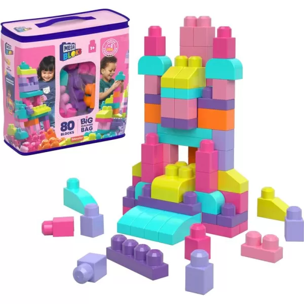 MEGA BLOKS First Builders Toddler Blocks Toys Set Big Building Bag with 80 Pieces and Storage Pink Ages 1 YearsPink Bag