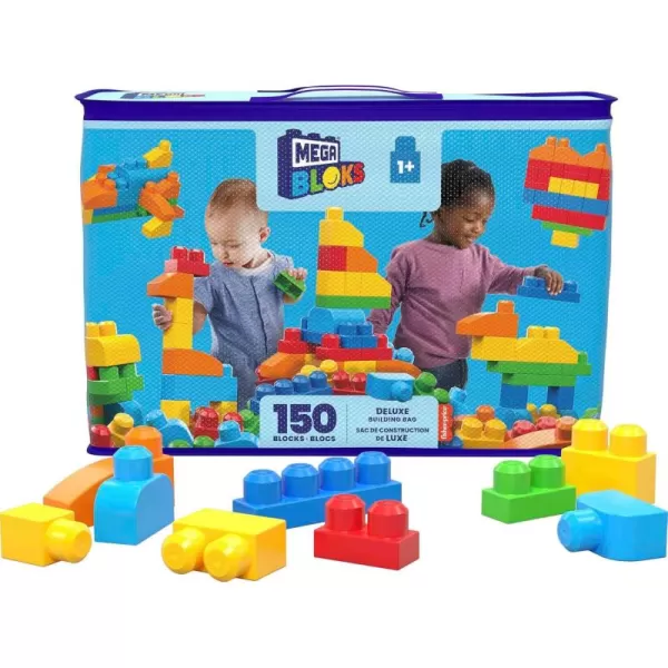 MEGA BLOKS First Builders Toddler Blocks Toys Set Deluxe Building Bag with 150 Pieces and Storage Blue Ages 1 Years