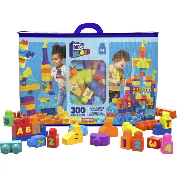 MEGA BLOKS First Builders Toddler Blocks Toys Set Even Bigger Building Bag with 300 Pieces and Storage Blue Ages 1 YearsBuilding Bag