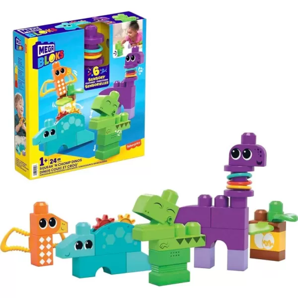 Mega BLOKS FisherPrice Toddler Building Blocks Toy Set Squeak n Chomps Dinos with 24 Pieces 4 Buildable Animals Ages 1 Years