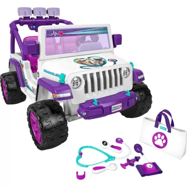 Power Wheels Preschool RideOn Toy Happy Hound Vet Rescue Jeep Wrangler with Pretend Medical Kit for Preschool Kids Ages 3 YearsPet Vet Jeep