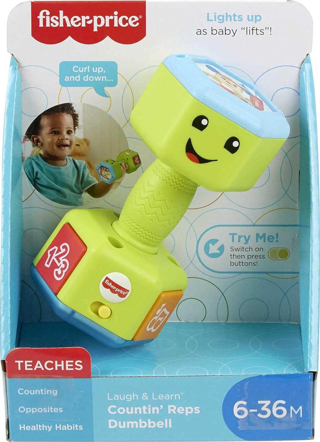 FisherPrice Baby ampamp Toddler Toy Laugh ampamp Learn Countin Reps Dumbbell Rattle with Learning Lights ampamp Music for Infants Ages 6 Months