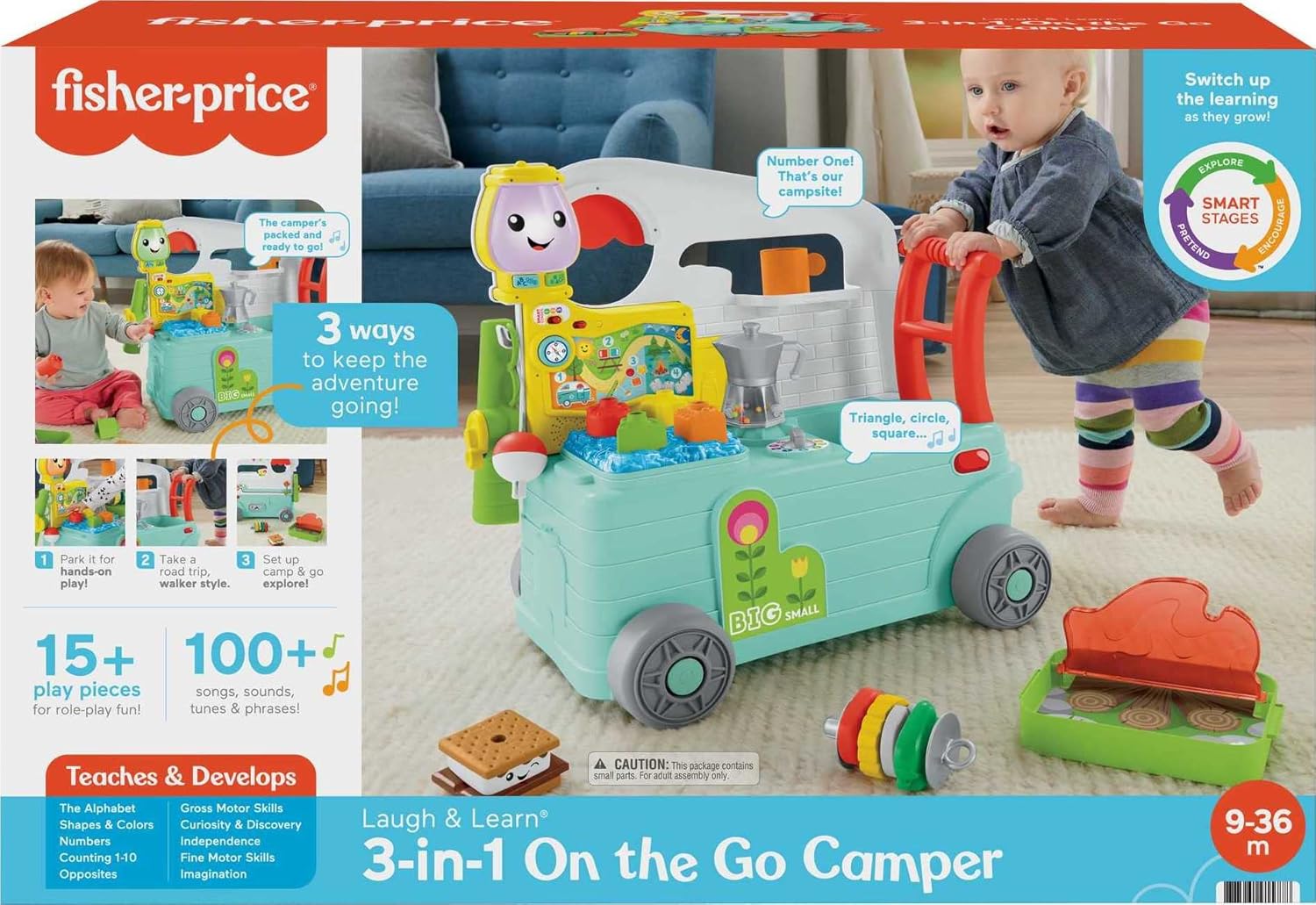 FisherPrice Baby to Toddler Toy Laugh ampamp Learn 3in1 OntheGo Camper Walker ampamp Activity Center with Smart Stages for Ages 9 Months TanGreenTeal