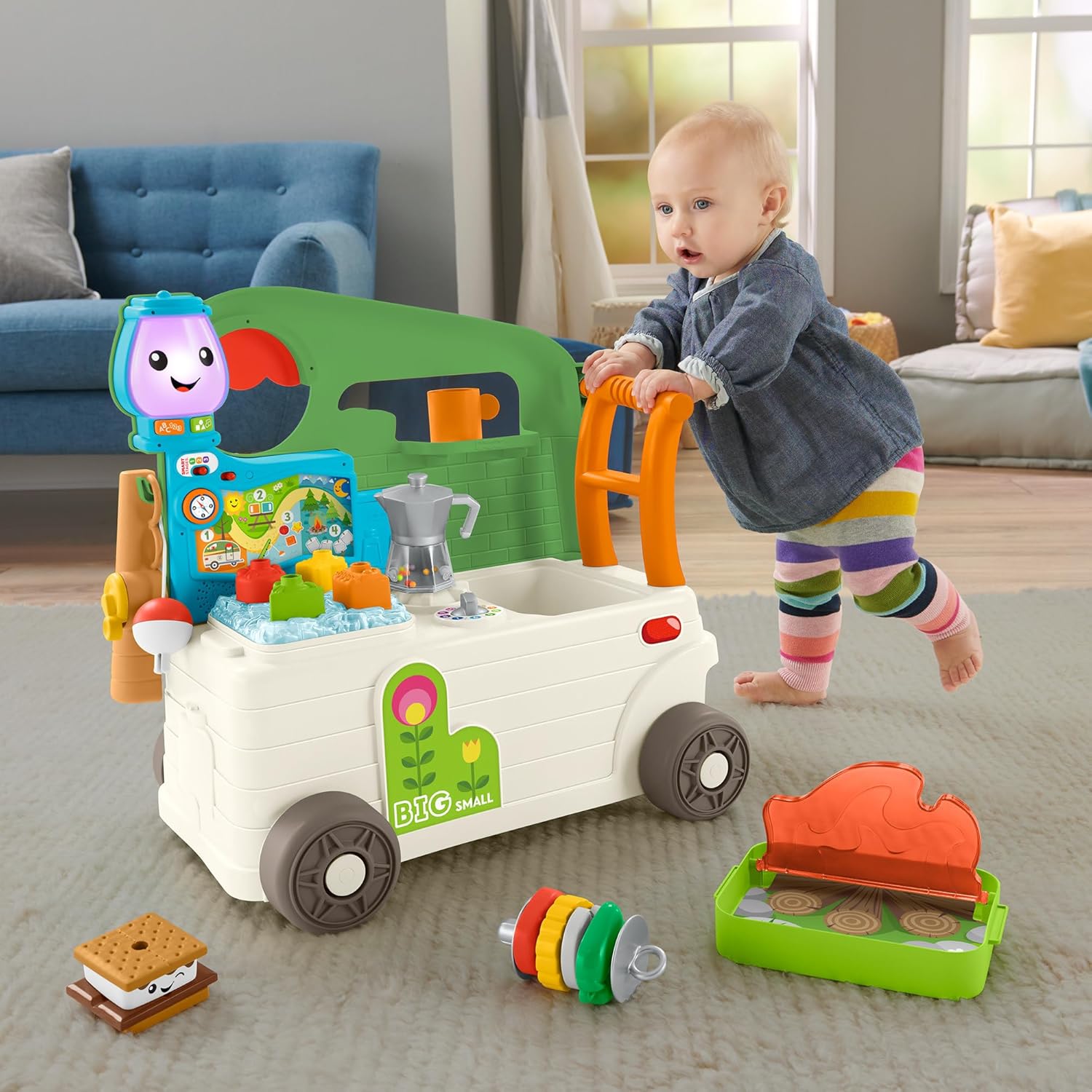 FisherPrice Baby to Toddler Toy Laugh ampamp Learn 3in1 OntheGo Camper Walker ampamp Activity Center with Smart Stages for Ages 9 Months TanGreenWhite