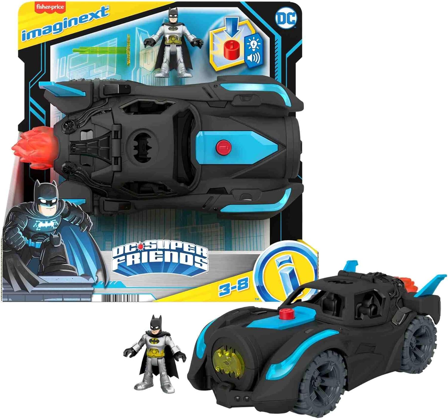 FisherPrice Imaginext DC Super Friends Batman Toy Lights ampamp Sounds Batmobile with Batman Figure for Preschool Kids Ages 3 Years