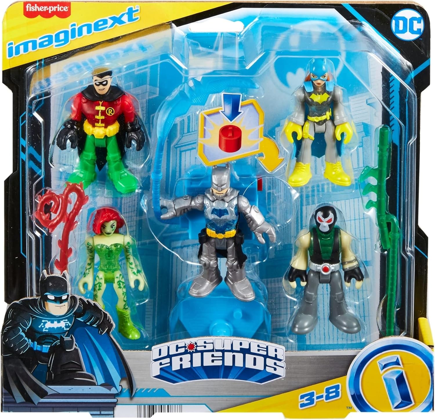 FisherPrice Imaginext DC Super Friends Preschool Toys Batman Battle Multipack 9Piece Figure Set with LightUp Backpack for Ages 3 Years