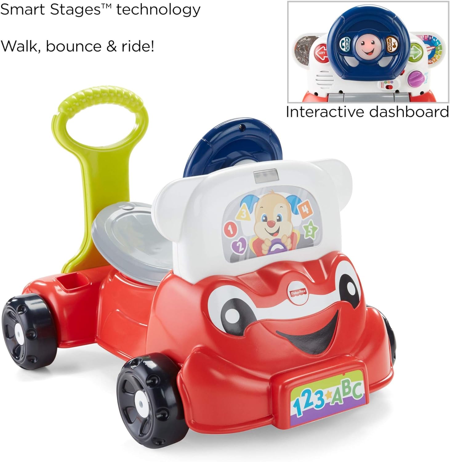 FisherPrice Laugh ampamp Learn 3In1 Smart Car Baby Walker ampamp Toddler RideOn Toy with Smart Stages Learning Content for Ages 9 MonthsStandard