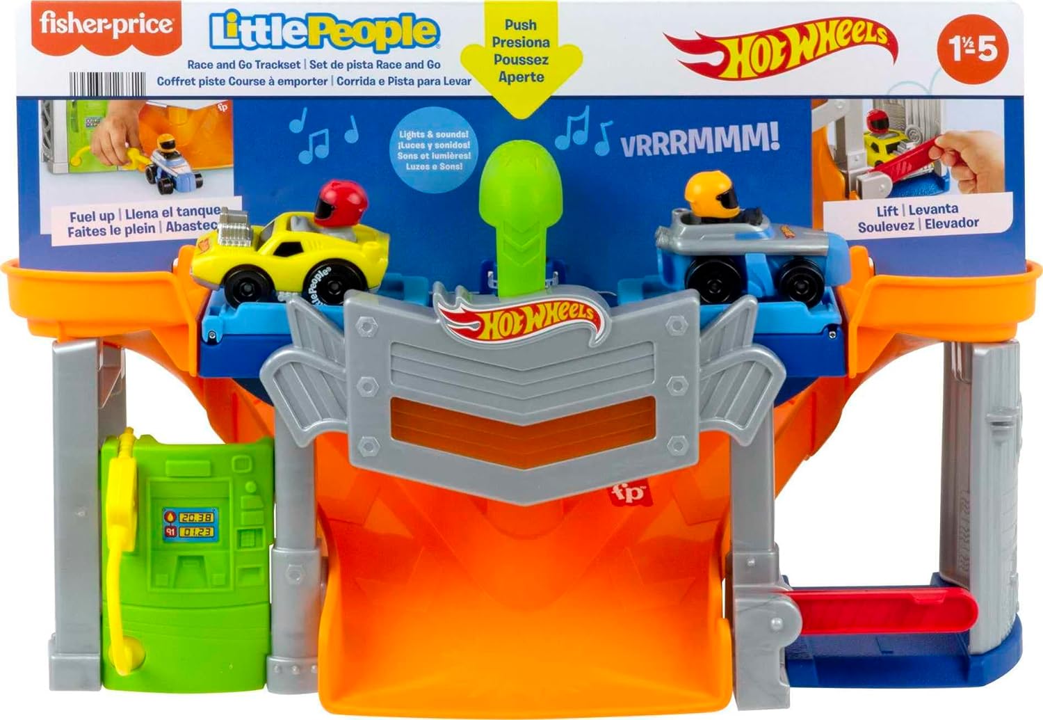 FisherPrice Little People Hot Wheels Toddler Toy Race and Go Track Set with Lights Sounds ampamp 2 Cars for Pretend Play Kids Ages 18 Months