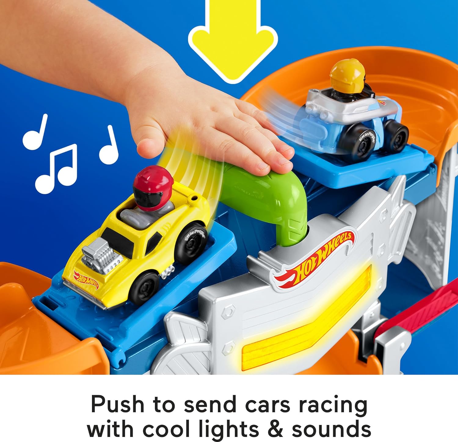 FisherPrice Little People Hot Wheels Toddler Toy Race and Go Track Set with Lights Sounds ampamp 2 Cars for Pretend Play Kids Ages 18 Months