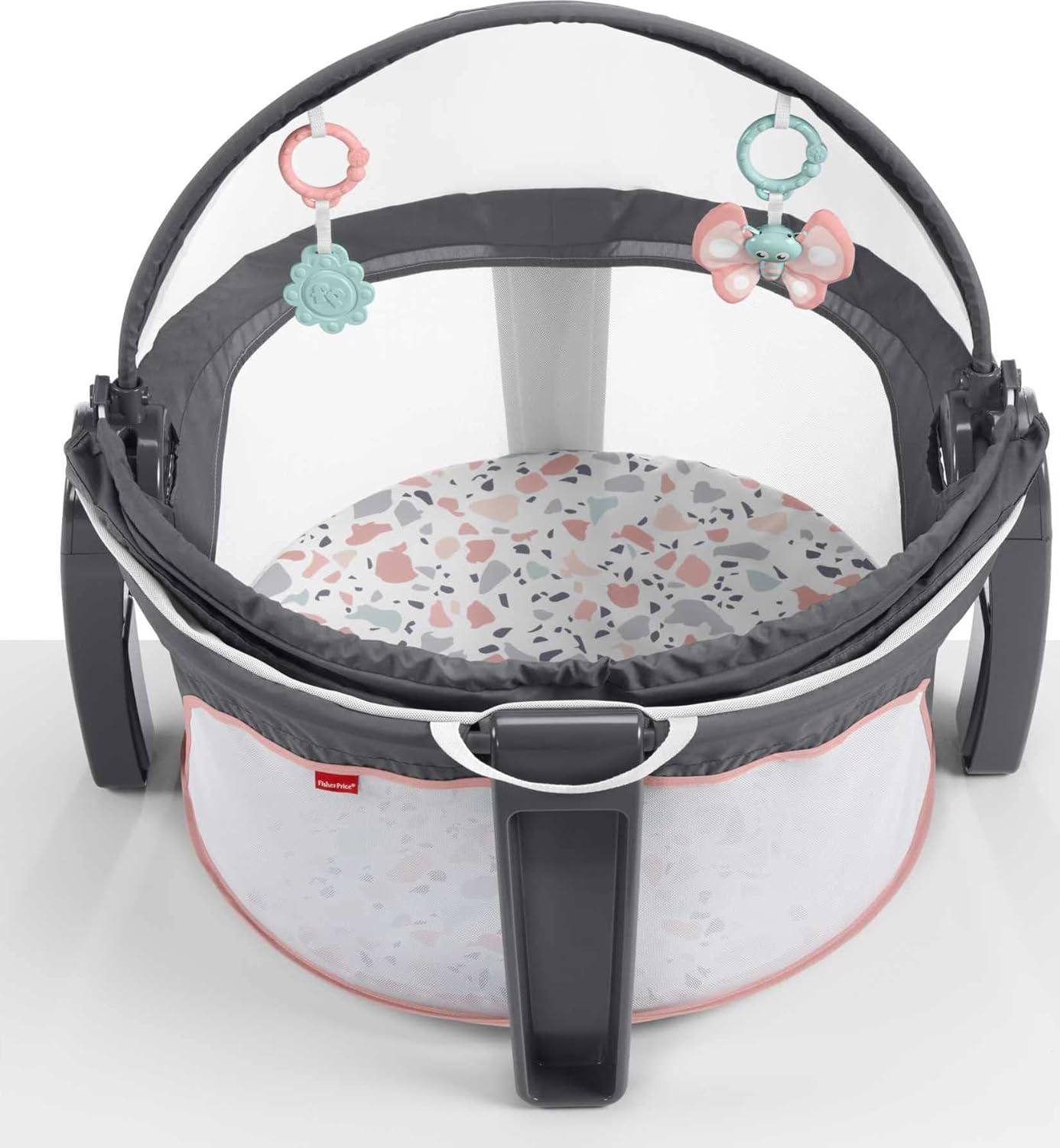 FisherPrice Portable Bassinet OnTheGo Baby Dome Travel Play Space with Developmental Newborn Toys ampamp Canopy Pink Pacific Pebble