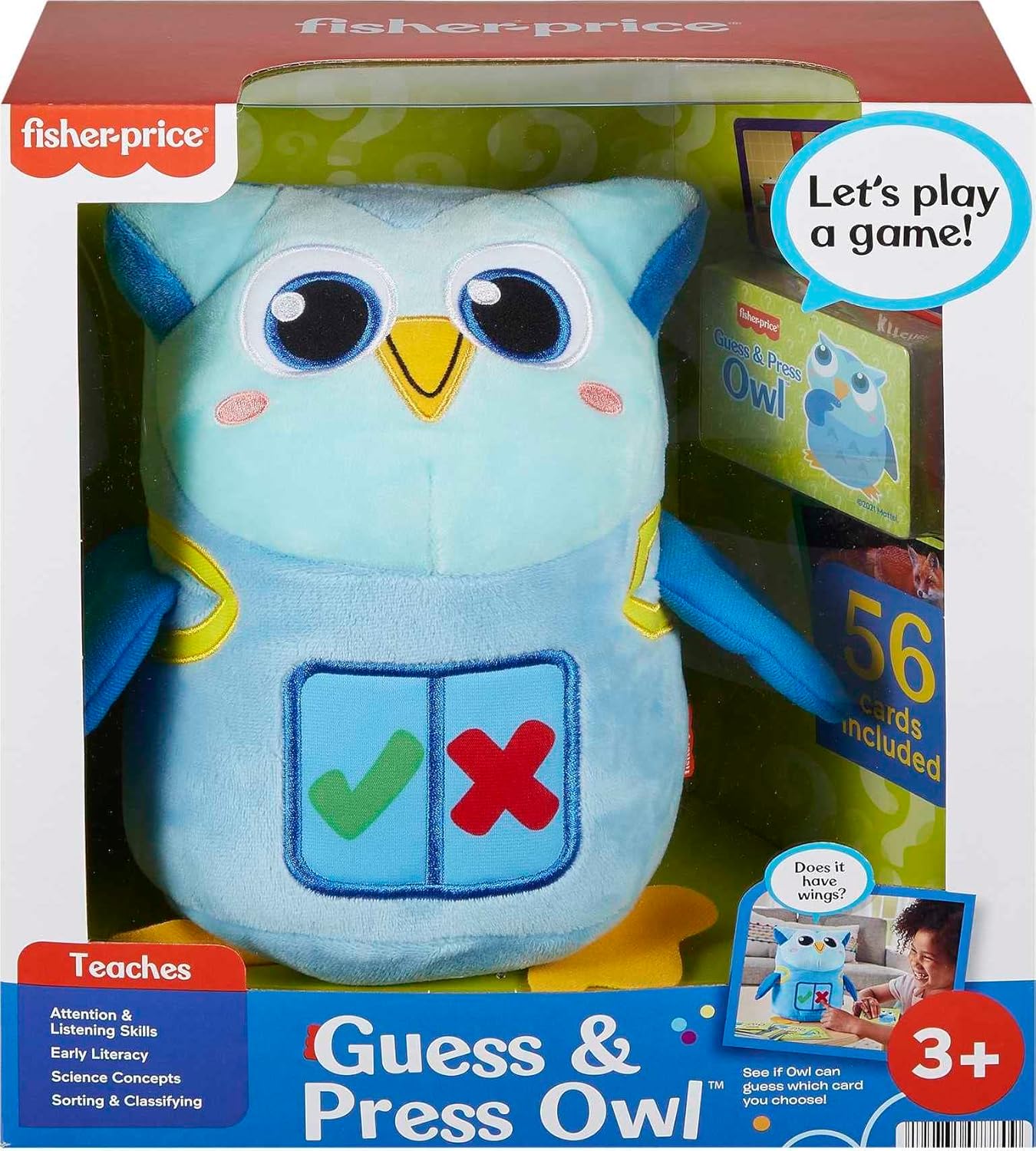 FisherPrice Preschool Learning Toy Guess ampamp Press Owl Electronic Plush with Cards ampamp Interactive Games for Kids Ages 3 Years