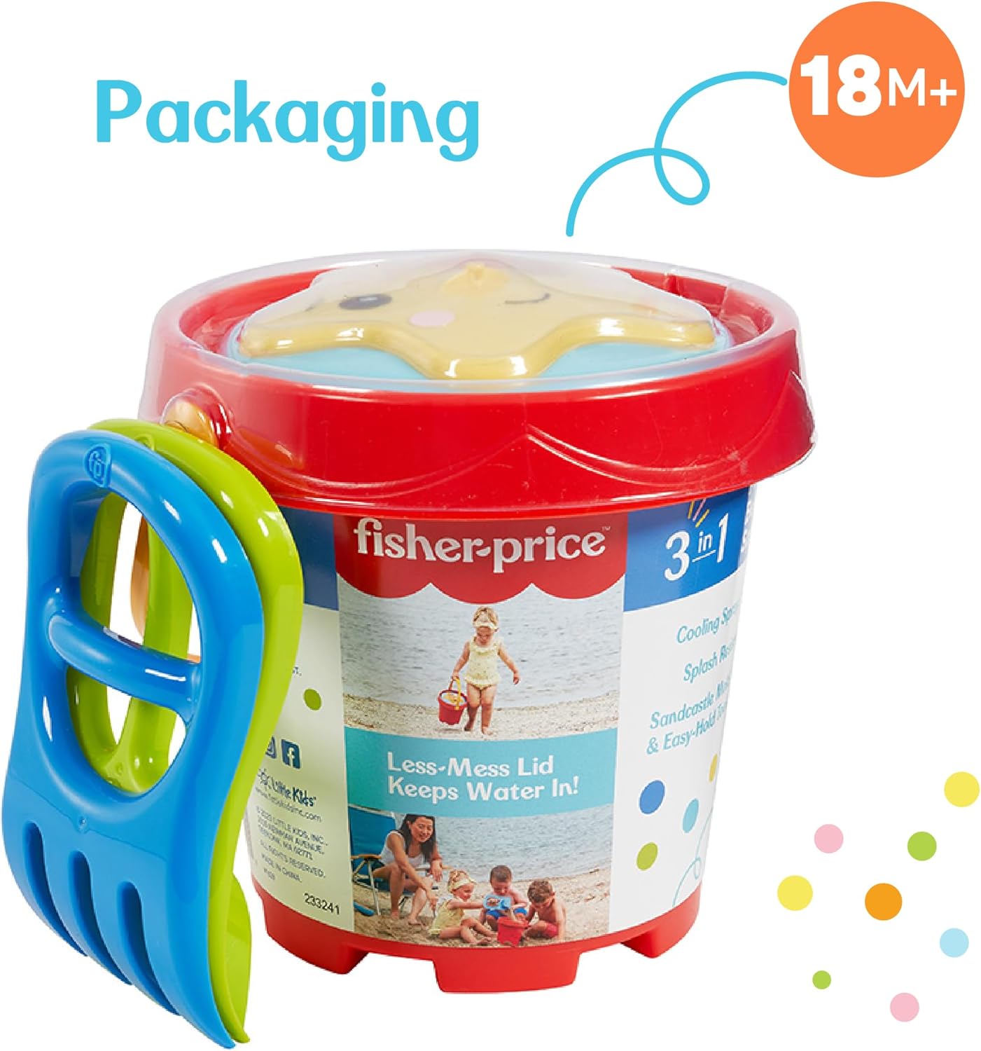 FisherPrice Toddler 3in1 Beach Bucket Portable Sprinkler and Sandcastle Mold  Water Toy and Sand Toys for Ages 18 Months  Includes Sand Tools