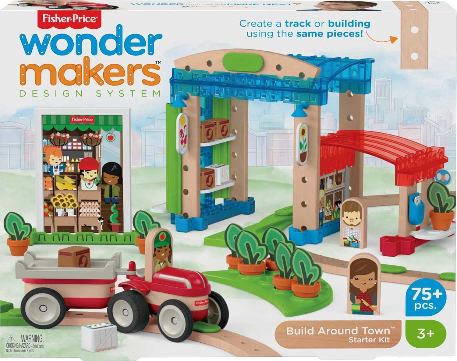 FisherPrice Wooden Building Toy Wonder Makers Design System Build Around Town Starter Kit 75 Wood Piece Playset for Preschool Kids Ages 3 YearsStandard