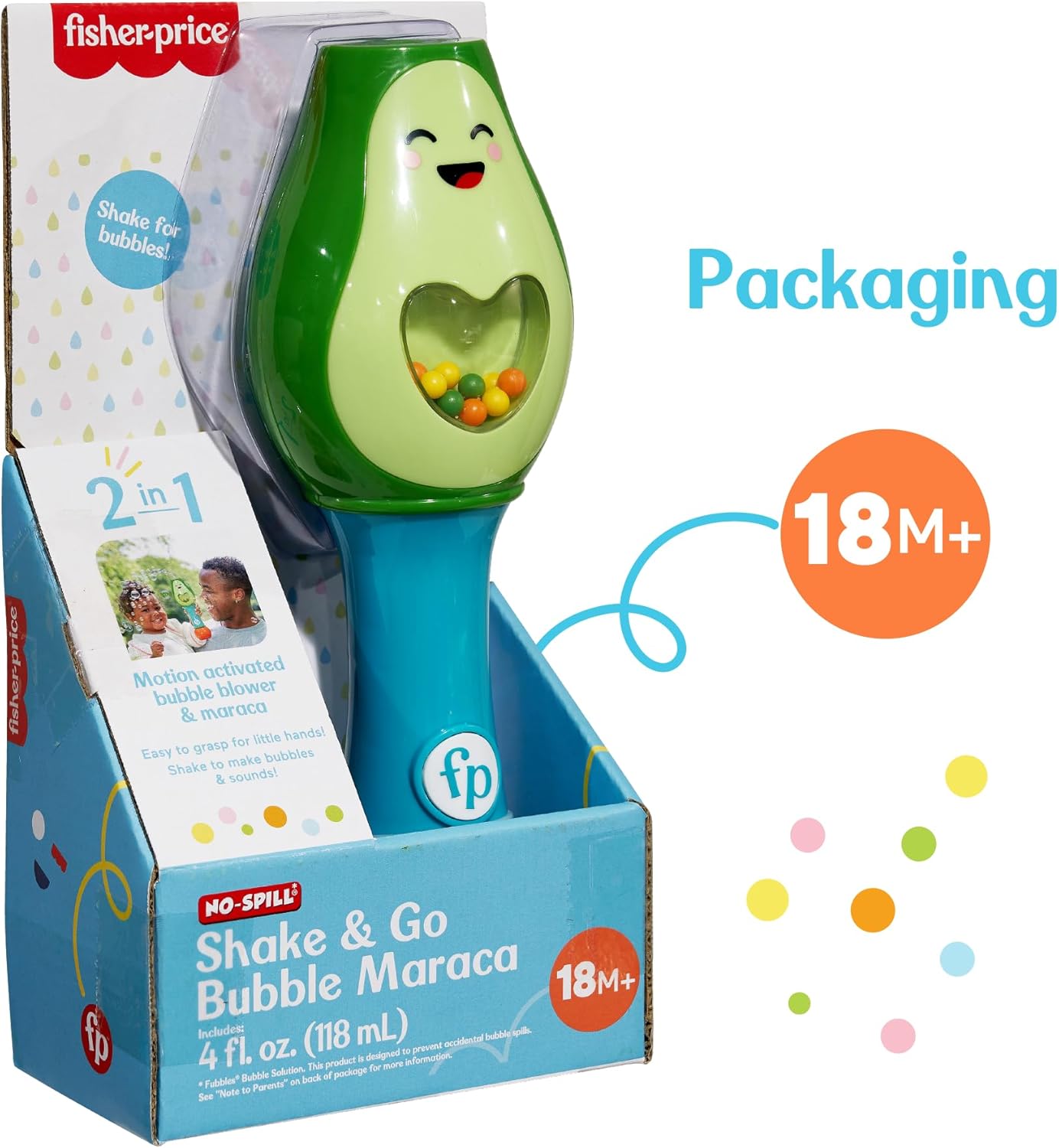 Little Kids FisherPrice Toddler Toy Shake and Go Bubble Maraca 2in1 No Spill Bubble Wand and Musical Toy Maraca  Ages 18 Months  Includes 4oz of NonToxic Bubble Solution