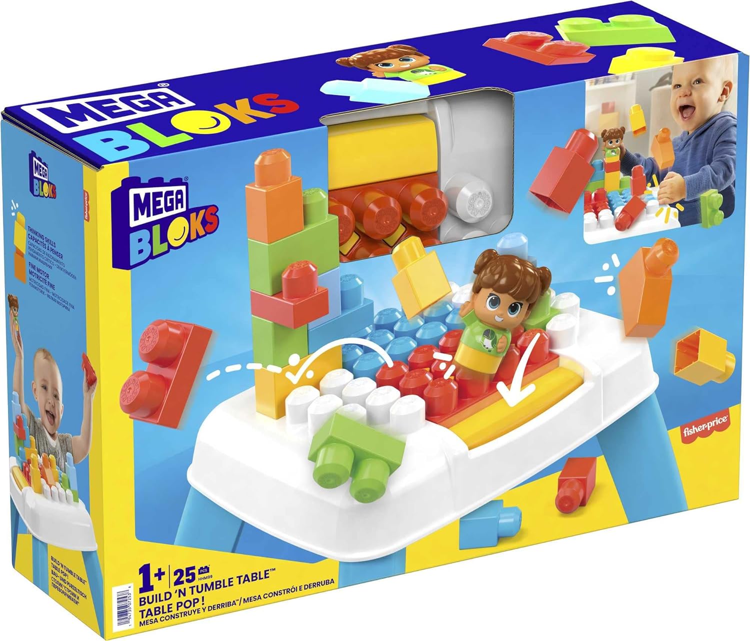 Mega BLOKS FisherPrice Toddler Blocks Toy Set Build n Tumble Activity Table with 25 Pieces and Storage 1 Figure Blue Ages 1 Years