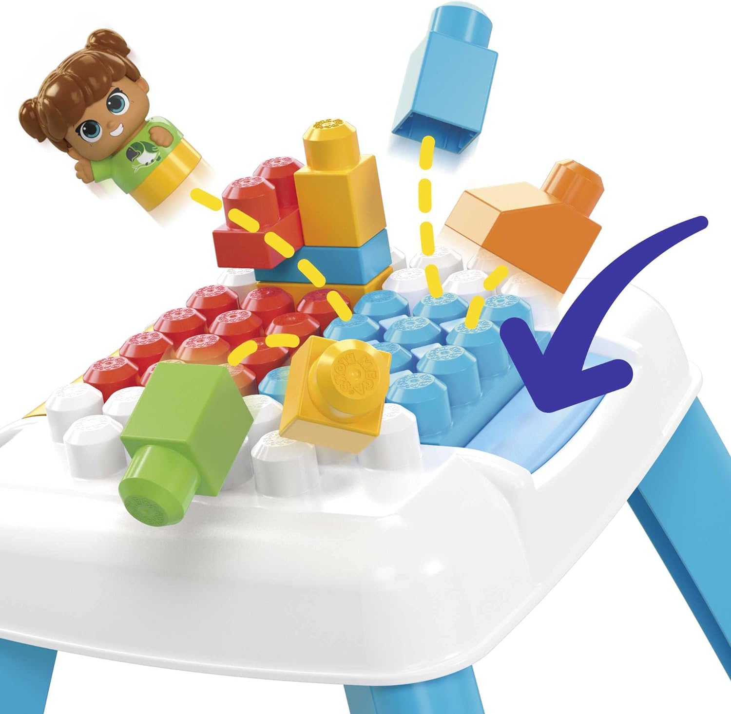 Mega BLOKS FisherPrice Toddler Blocks Toy Set Build n Tumble Activity Table with 25 Pieces and Storage 1 Figure Blue Ages 1 Years