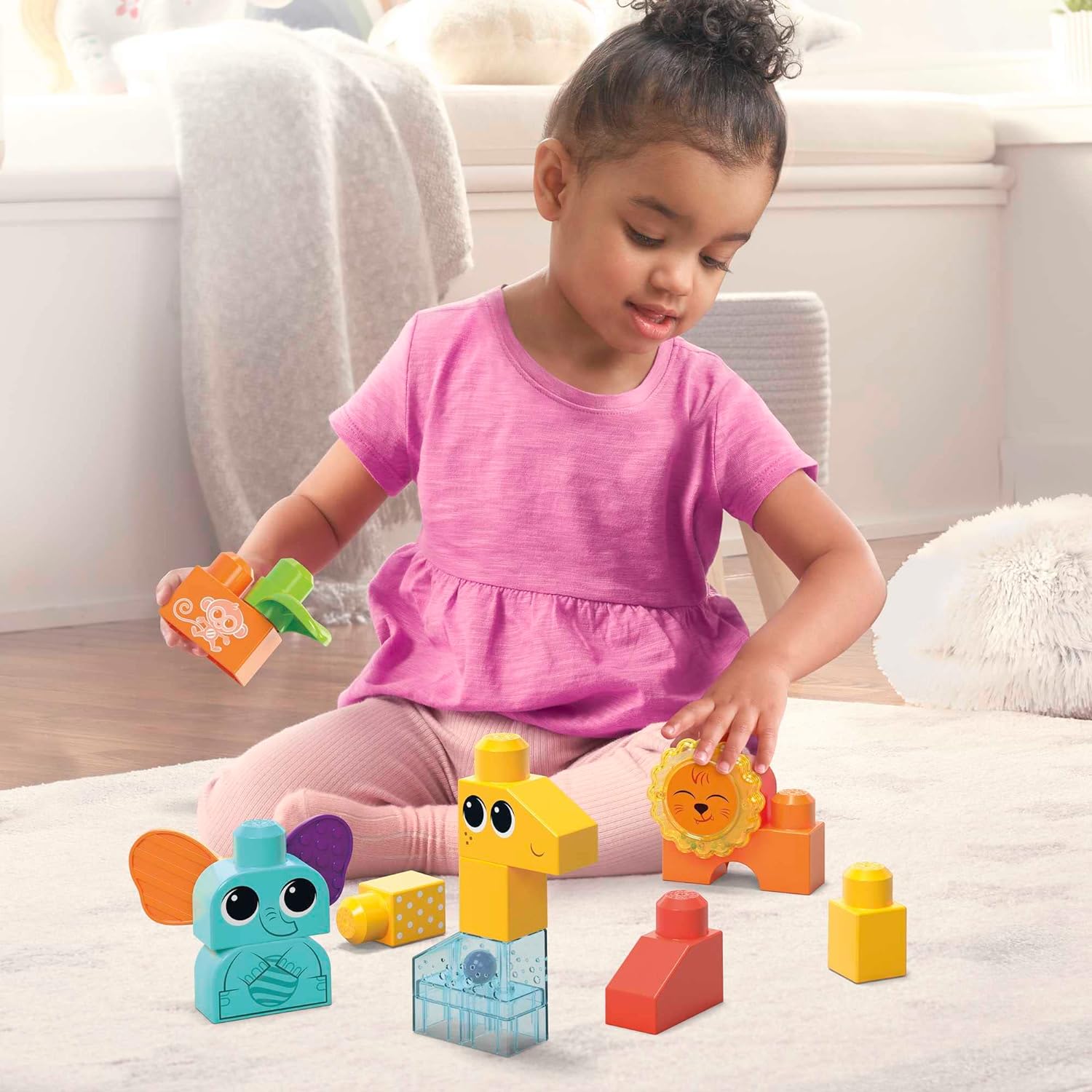 Mega BLOKS FisherPrice Toddler Building Blocks Toy Set Rock n Rattle Safari with 15 Pieces 3 Buildable Animals Ages 1 Years