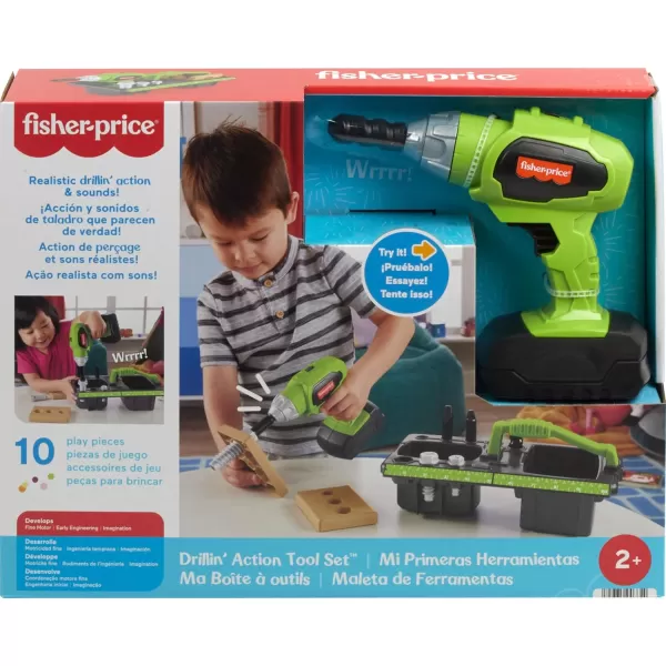 FisherPrice Preschool Toy Drillin Action Tool Set with Sounds 10 Pieces for Construction Pretend Play Kids Ages 3 Years