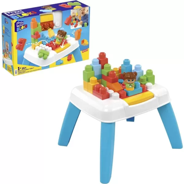 Mega BLOKS FisherPrice Toddler Blocks Toy Set Build n Tumble Activity Table with 25 Pieces and Storage 1 Figure Blue Ages 1 Years