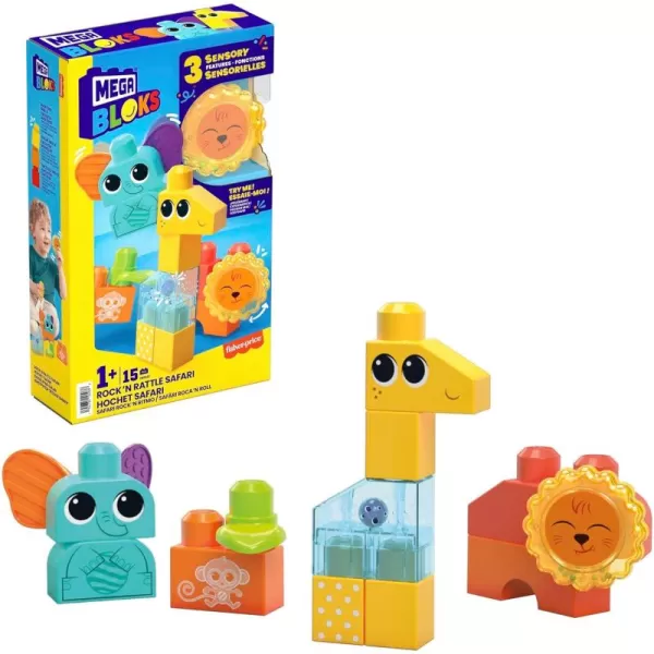 Mega BLOKS FisherPrice Toddler Building Blocks Toy Set Rock n Rattle Safari with 15 Pieces 3 Buildable Animals Ages 1 Years