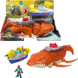 imageFisherPrice Imaginext Jurassic World Rebirth Aquachomp Chase Mosasaurus 18inch Dinosaur Toy with 3inch Action Figure Launcher Boat ampamp 2 Projectiles