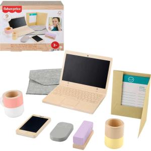 imageFisherPrice Wood Pretend Play Work from Home Set 9Piece Office Playset with Wooden Toy Laptop ampamp Phone for Preschool Kids Ages 3 Years