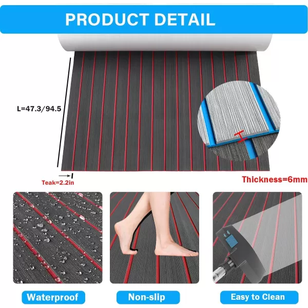 imageBoat Flooring EVA Foam Boat Decking 94x453516 Faux Teak Marine Carpet Boat Flooring NonSlip SelfAdhesive Foam Boat Deck Mat Rolls Sheet for MotorBoats Pontoon Yacht Jon Boat FloorAdark Grey With Red Seam