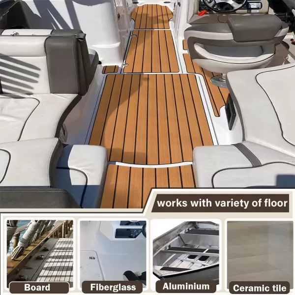 image3M Boat Flooring EVA Foam Boat Decking 94x45in Self Adhesive Boat Mat Sheet NonSlip Faux Teak Boat Flooring Deck for Yacht Fish Pontoon Boat FloorBrown with Black Seam