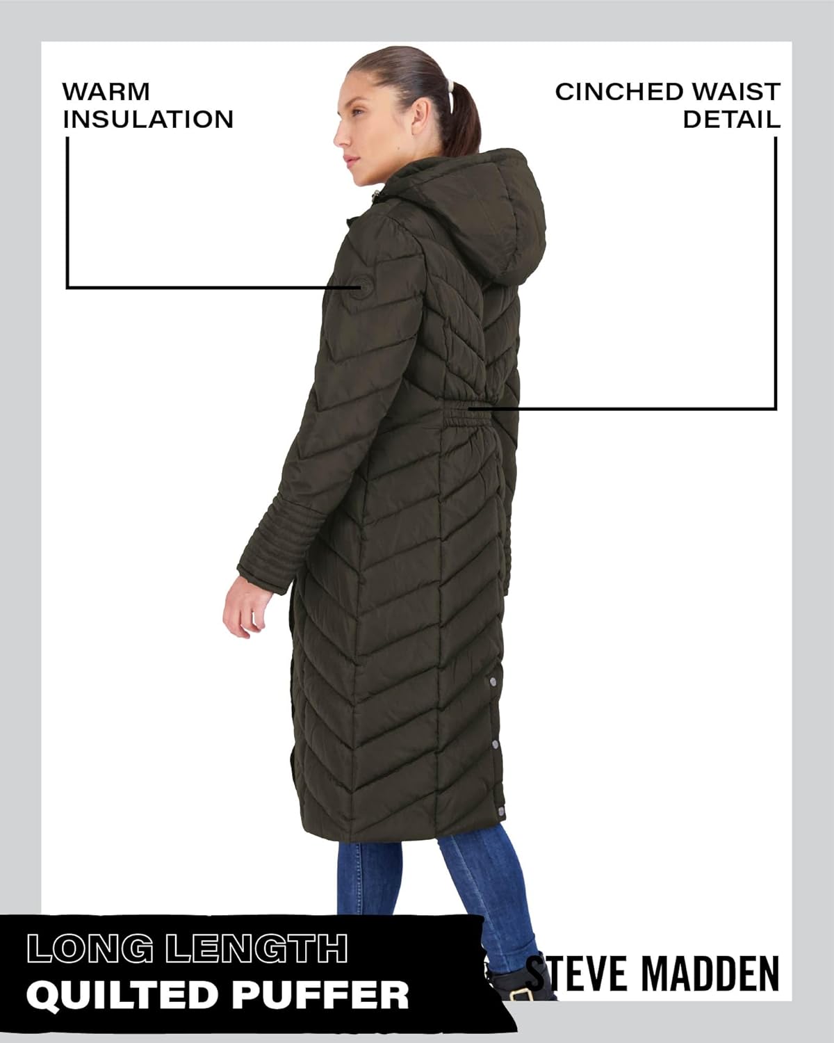 Steve Madden Long Chevron Puffer Maxi Coat Hooded Womens Xs