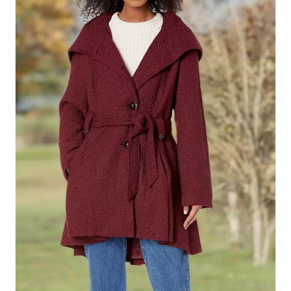 imageSteve Madden Womens Coat  Single Breasted Wool Peacoat with Oversized Hood Tie Belt  Lightweight Jacket for Women SXLMerlot