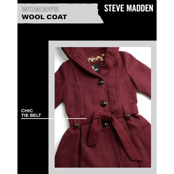 imageSteve Madden Womens Coat  Single Breasted Wool Peacoat with Oversized Hood Tie Belt  Lightweight Jacket for Women SXLMerlot