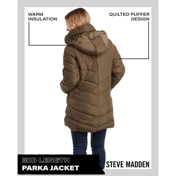 imageSteve Madden Womens Long Chevron Quilted Outerwear JacketOlive